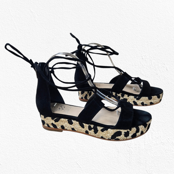 Vince Camuto Black Suede Espadrille Animal Print Strappy Tie Sandals Size 8.5 - Picture 1 of 9